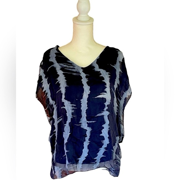 Gigi Moda 100% Silk Tie Die Blue Boho Top Blouse Size Large - Picture 1 of 10